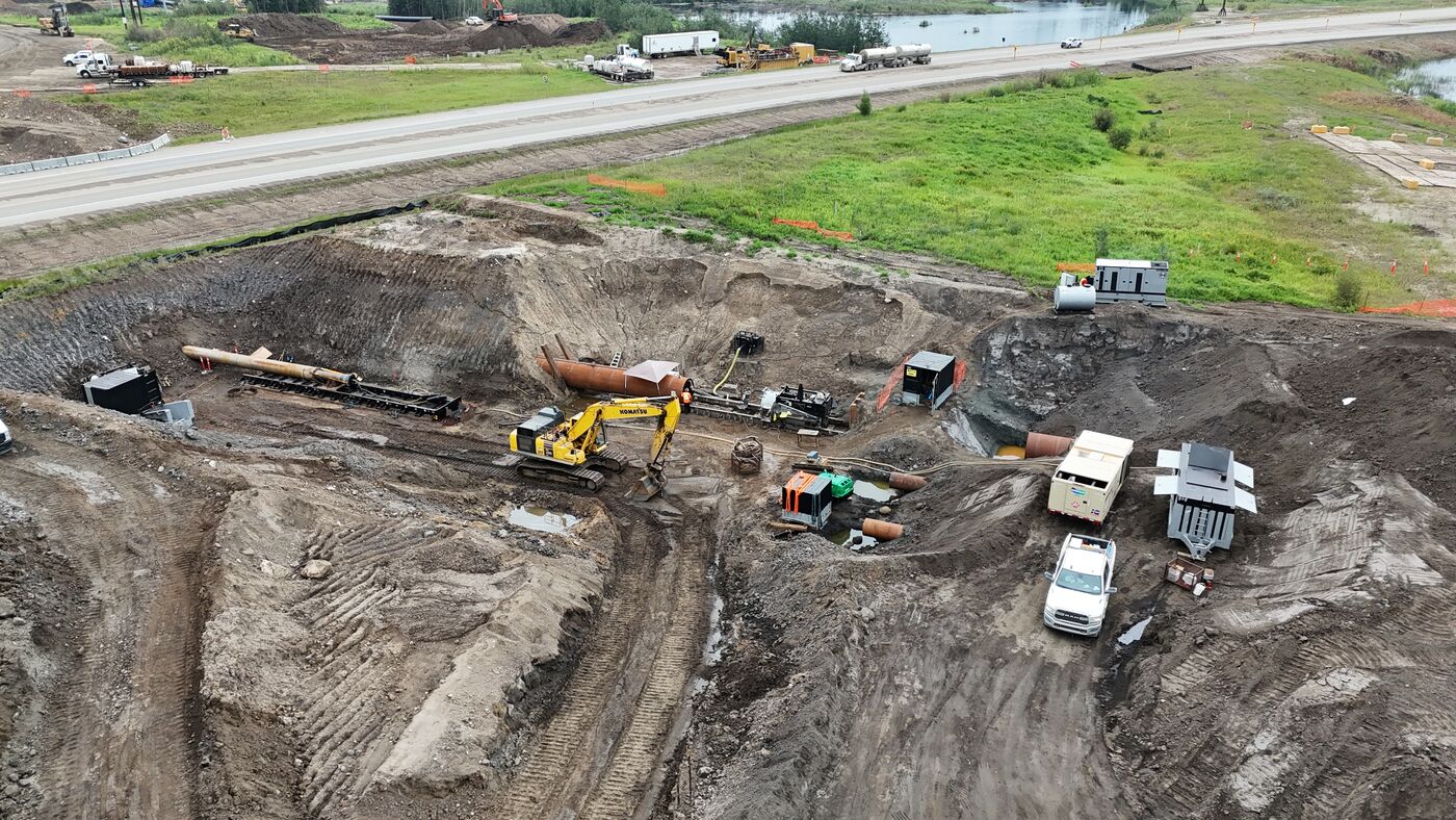 Aerial view of culvert and drainage installation alongside the highway